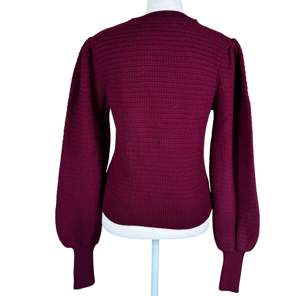 Joie Burgundy Embroidered Knit Puff Sleeve Sweater Sheer Front Size S - Picture 8 of 11